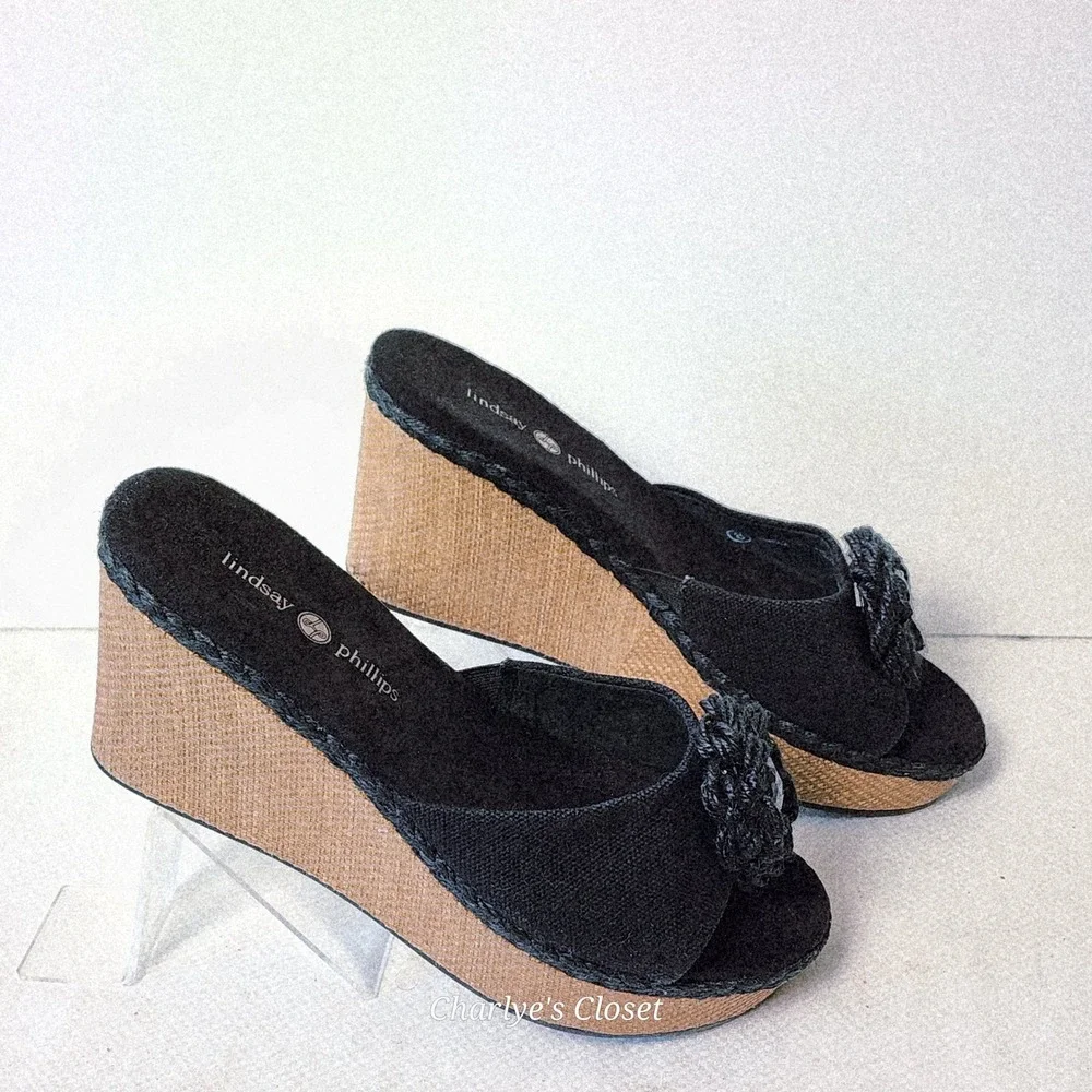 Lindsay Phillips Rosette Snap Jewel Wedge Sandals 8‎ NWOB Raffia HWGL2